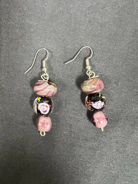 Artisan Earrings Handmade Lampwork Glass Beads Purple Lavender Pink White Black